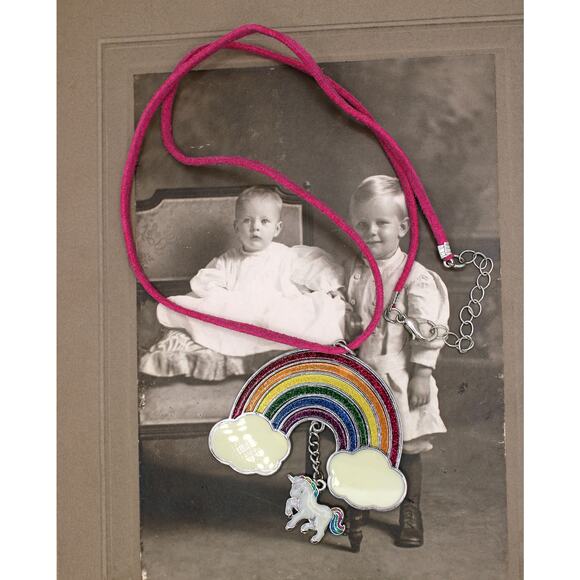 1990's Enamel Rainbow with Unicorn Pink Leather Strap Necklace - Picture 1 of 2